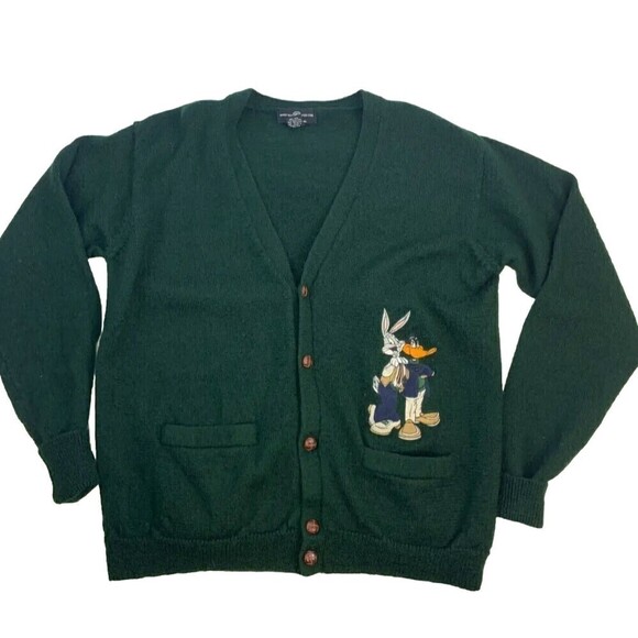 1995 Warner Bros Studio Store 100% Wool Cardigan Sweater Bugs Bunny Daffy Duck L - Picture 1 of 13